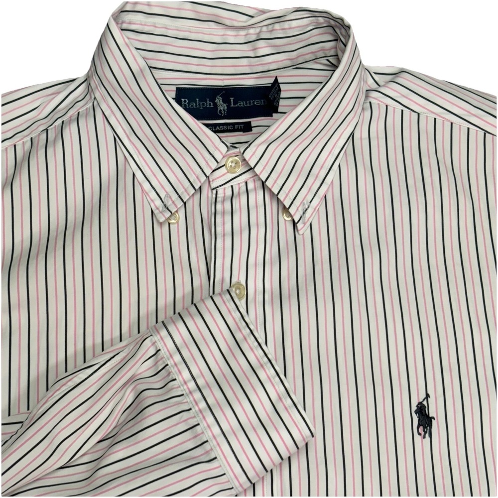 Ralph Lauren Classic Fit Pink & Black Striped Button-Down Shirt X-Large Preppy